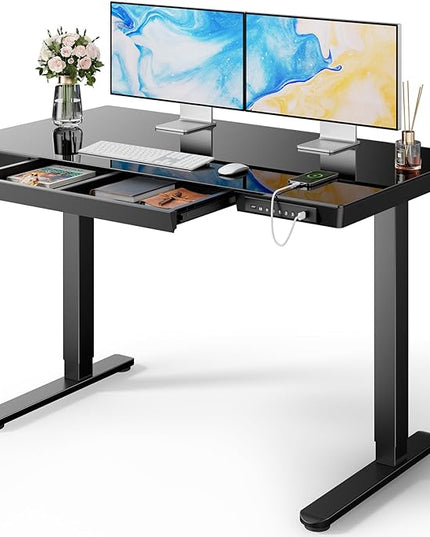 Marsail Glass Standing Desk with Drawer, 48 x 24 inch Electric Standing Desk, Height Adjustable Desk with One-Piece Tabletop & USB Charging Ports, Sit Stand Desk with Storage for Home & Office Black
