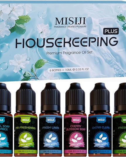 MISIJI Housekeeping Essential Oils Set for Diffuser,Pure Aromatherapy Oil for Diffuser,Candle Making,Natural Soap Scent,Cherry Blossom Soap,Fresh Mint,Fresh Linen,Air Freshener,Extra Clean