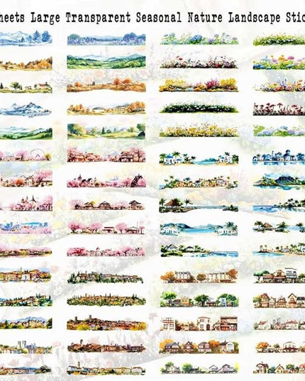 Dwpetzo Transparent PET Stickers for Journaling Scrapbooking, 60 Sheets Large Seasonal Landscape House Mountain Forest Wildflower Stickers Set for Junk Journal, Collage, Crafts Arts