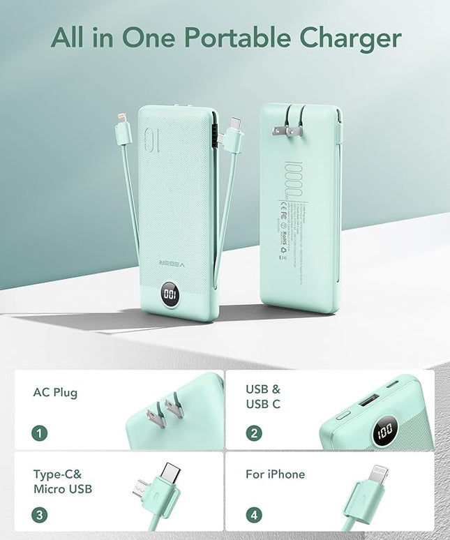 VEGER Portable Charger with Built-in AC Plug and Cables, All in One 10000mAh Ultra Slim Power Bank Travel Essentials, 15W Fast Charging Battery Pack Compatible with iPhone, Samsung, Android (Green)