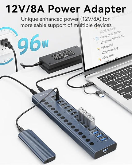 Powered USB 3.2 Hub, ACASIS 16 Ports USB 3.2 Hub(8 USB-A 3.2 Ports+8 USB-C 3.2 Ports), Aluminum USB Hub Powered with 96W Power Adapter, USB Hub for PC/Laptop, Computer, Flash Drive, Printer, Camera