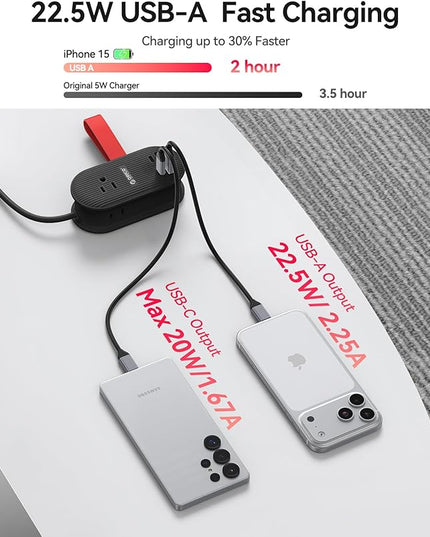 ORICO 22.5W Travel Power Strip, 7 in 1 Charging Station with 3AC, 2 USB-A, 2 USB-C, 4ft Thin Extension Cord, Flat Plug Fashion Essential for Travel/Home/Office/Library/Dorm -TK22