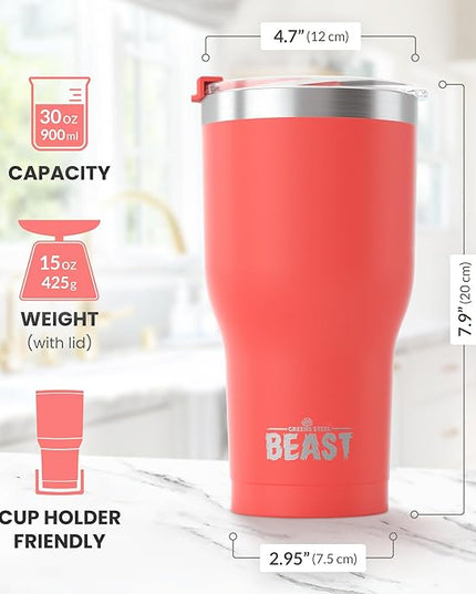 Beast 30 oz Tumbler Stainless Steel Vacuum Insulated Coffee Ice Cup Double Wall Travel Flask (Coral Pink)