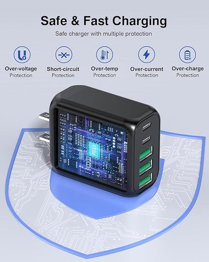 60W USB C Wall Charger Block, 2Pack 5-Port C Charger Fast Charging Block PD Power Adapter+QC 3.0 Multiport Type C Box Brick Cube USB A Wall Plug for iPhone 15/16/17 Pro Max Plus, iPad,Galaxy S24/S23