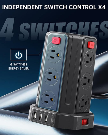 Power Strip Surge Protector, 10 Ft Extension Cord with 12 AC Multiple Outlets 4 USB (1 USB C), SMALLRT Power Tower Desktop Charging Station (Black, 10 FT)