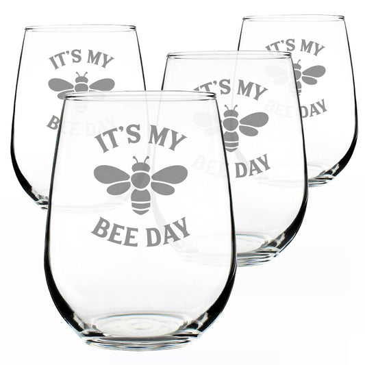 Bevvee Bee Day Stemless Wine Glass Bee Gifts - 17 oz - Set of 4