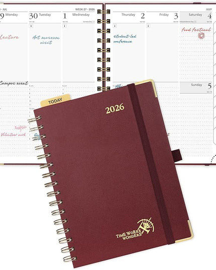 POPRUN 2026 Planner (Medium Size 8.5'' x 6.25'' Wire-Bound Hard Cover) Daily Weekly and Monthly Calendar - Agenda 2026 (Jan.2026-Dec.2026) with Hourly Schedule, Monthly Tabs - Burgundy