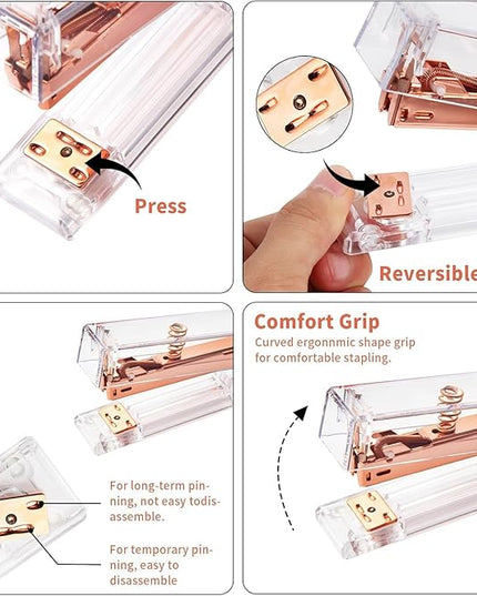 Rose Gold Desk Accessories, Office Supplies Set with Acrylic Stapler, Tape Dispenser, Staple Remover, Pen Holder, Scissor, Binder Paper Clips, 1 Ballpoint Pen, 1 Clear Tape and 1000pcs Staples