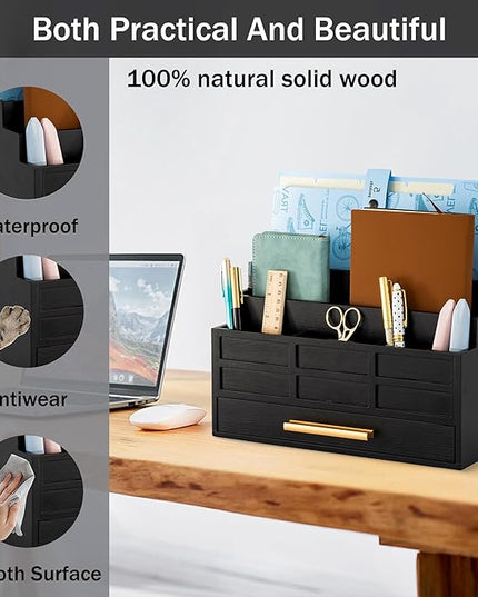 dreampossible Black Wood Desk Organizer and Accessories with Drawer, Bill Mail Organizer and File Mail Holder for Office Supplies, Rustic Desk Accessories & Workspace Organizers for Desk Organization