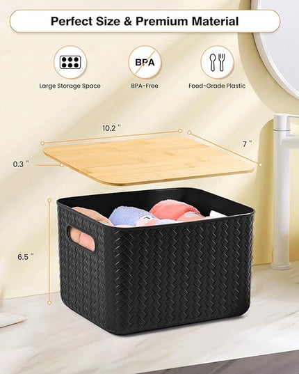 4 Packs Storage Bins with Bamboo Lids - Plastic Storage Containers with Lids Stackable Storage Box: Storages Baskets for Organizing Desktop Closet Playroom Classroom Office, Black