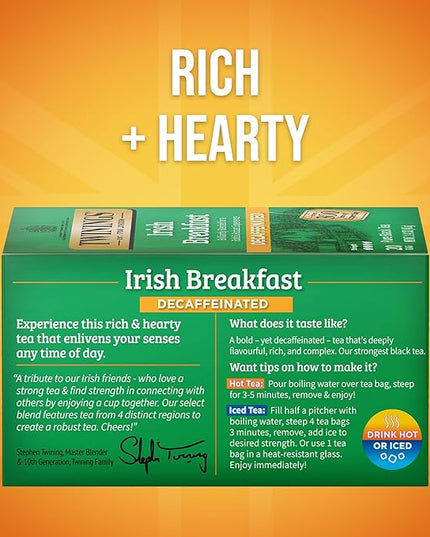 Twinings Decaffeinated Irish Breakfast Black Tea Individually Wrapped Bags, 20 Count (Pack of 6), Flavourful, Robust, Enjoy Hot or Iced, 120 Teabags