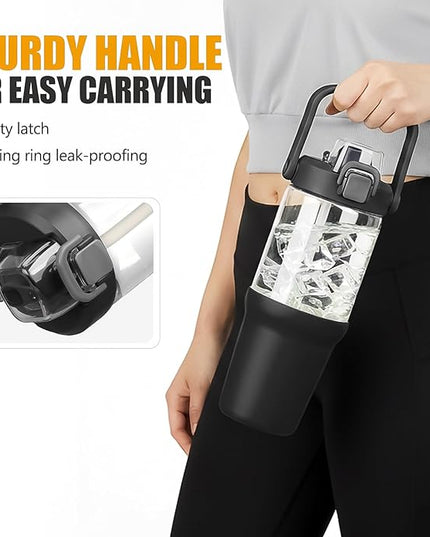 Glass Tumbler with Carry Handle, Clear Glass Water Bottle with Leakproof Lid, Spout Lid&Straw, BPA-Free, 32 oz, Black