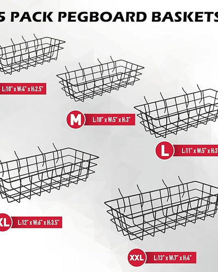 5-Piece Pegboard Baskets Set - Heavy Duty Peg Board Organizer Accessories Bin Set, Premium Black Metal Wire Baskets Tool Shelves, Wall Mount Storage for Garage Workshop Craft Room