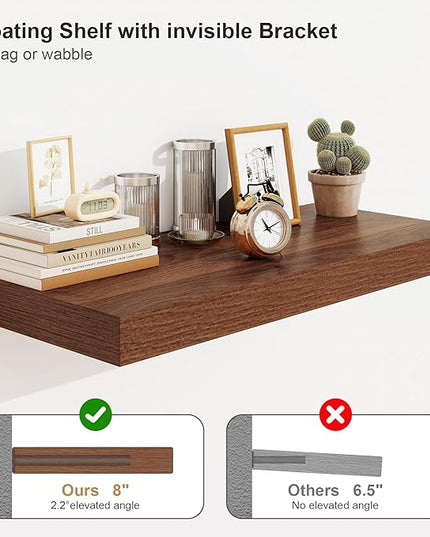 Heimlove Walnut Bathroom Shelf Floating Shelves for Over Toilet Long Wall Mounted Modern Farmhouse,48 x 12 with Invisible Brackets for Living Room, Kitchen, Bedroom