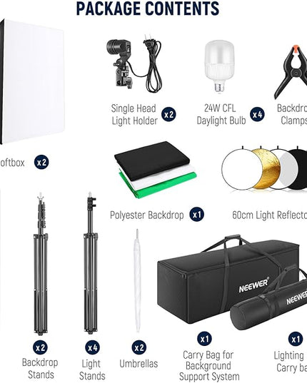 NEEWER Photography Lighting Kit with Backdrops,8.5x10ft Backdrop Stands,5700K 800W Equivalent 24W LED Umbrella Softbox Continuous Lighting,60cm Light Reflector, Photo Studio Equipment for Video Shoot
