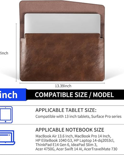 14 inch Genuine Leather Laptop Sleeve for MacBook Pro 14 Inch M5 2025 M4 M3 M2 M1 Pro/Max Case,Premium Protective Case Cover with Magnetic Closure - Vintage Dark Brown