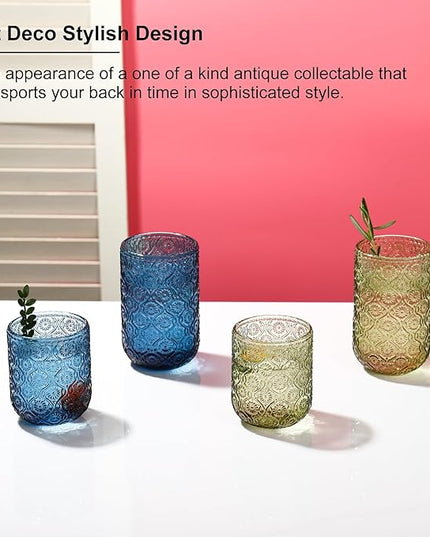 Blue Drinking Glasses Set of 12, 12 Oz Highball & 10 Oz Cocktail Glasses, Blue Kitchen Vintage Glassware Set, Floral Embossed Glass Tumbler Cups for Water, Beer, Juice, Whiskey, Coffee
