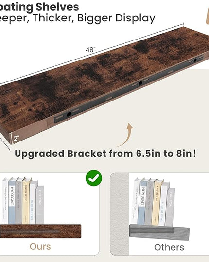 Heimlove 12 Inch Deep Floating Shelves, 48 x 12 inches Long Wall Shelf, Large Display Shelf & Storage Shelf, Rustic Wood Wall Shelves for Fireplace Mantel, Set of 2(Rustic Brown)