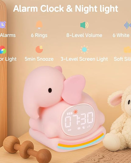 Alarm Clock for Kids with Night Light, Sleep Training Clock Time to Wake Clock, Rechargeable Silicone Light for Bedroom, Perfect Sleep Companion for Boys Girls, Pink Elephant