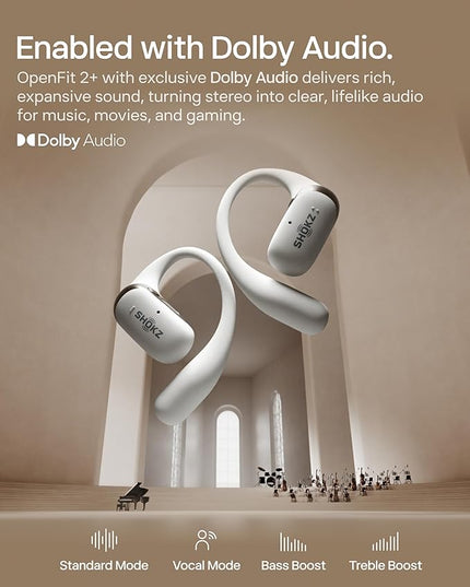 SHOKZ New OpenFit 2+ Open-Ear Headphones, Dolby Audio Enabled, Comfortable Earbuds with Soft Ear Hooks, 48H Playtime, IP55 Water-Resistant, USB-C Fast Charging, Wireless Charging, Carrying Bag, Black