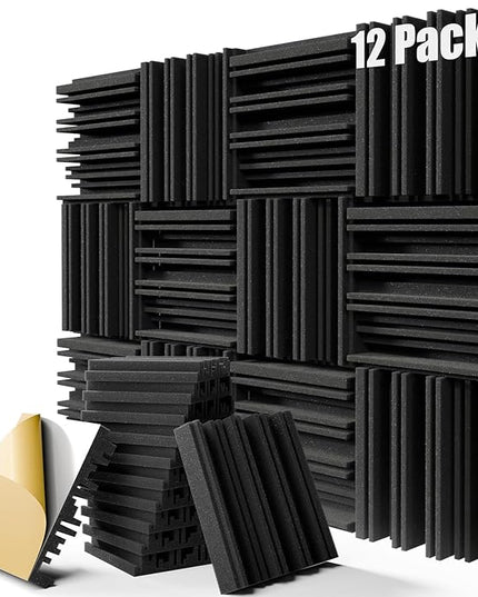 12 Pack Sound Proof Foam Panels for Walls, 12" x 12" x 2" Self-Adhesive Acoustic Panels, High-Density Soundproof Wall Panels for Studio Home and Ceilings (Black)