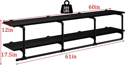 Wall Mounted Clothes Rack 12 Inch Deep, 60 Inch Heavy Duty Garment Rack with Real Black Wood Shelf, Multi-Purpose Hanging Rod & Space-Saving Closet Storage Organizer