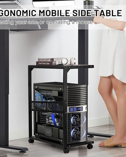 Large PC Stand Computer Tower Stand 2-Tier Metal CPU Holder with Locking Caster Wheels Suitable for Most PC (Black,XL)
