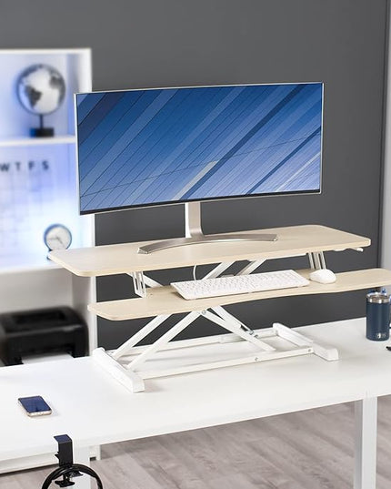 VIVO 42 inch Desk Converter, K Series, Height Adjustable Sit to Stand Riser, Dual Monitor and Laptop Workstation with Wide Keyboard Tray, Light Wood Top, White Frame, DESK-V042KF