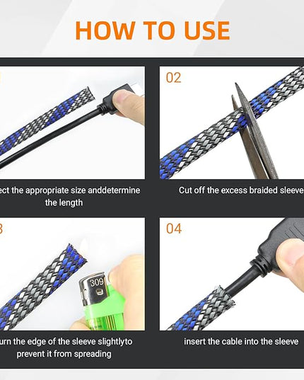 Braided Expandable Cable Sleeve, 25ft PP Cotton and PET Braided Cable Management, Flexible Mesh Wire Loom and Cable Protector for TV, Computer, Home Theater, Automotive (Blue White Grey, 1/2")