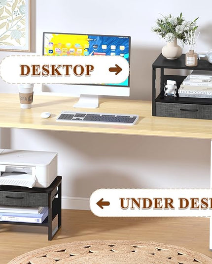 MARTY Printer Stand with Storage Drawer for Desk, 2-Tier Desktop Printer Stand Shelf Organzier for Home Office Printer Riser Under Desk Small Printer Table for Fax Machine Copier Scanner (Black)