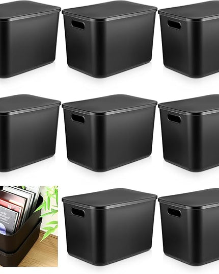 Hoolerry 8 Pieces Colorful Storage Bins with Lid, Plastic Storage Basket Organizing Container Stackable Box with Handle for Shelves Desktop Playroom Office(14.2 x 10.2 x 9.5 Inch,Black)