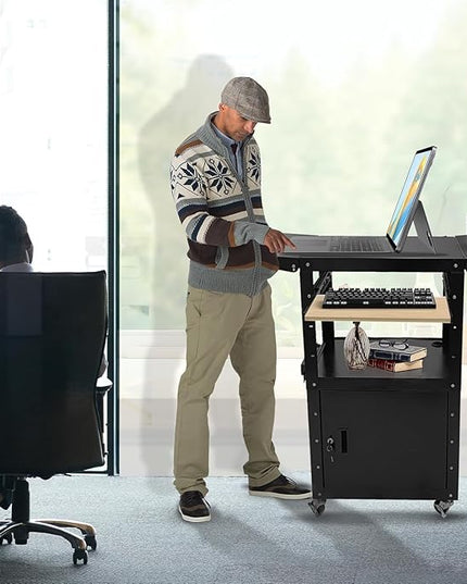 Upgraded AV Cart, Adjustable-Height Steel AV Cart with Locking Cabinet and Pullout Keyboard Tray, Rolling Media Cart with Wheels & Power for Computer Laptop Projector Printer (Black/43"x18"x43")