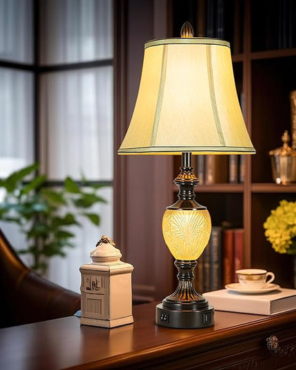 27'' High Vintage Table Lamp Set of 2 for Living Room Farmhouse Bedside Lamp with Fabric Shades Boho Nightstand Lamp with USB and Nightlight for Bedroom Home Office Hotel Bar (Bulb Included)