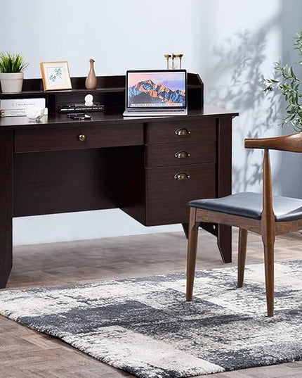 Tangkula Computer Desk with 4 Storage Drawers & Hutch, Home Office Desk Vintage Desk with Storage Shelves, Wooden Executive Desk Writing Study Desk (Brown)