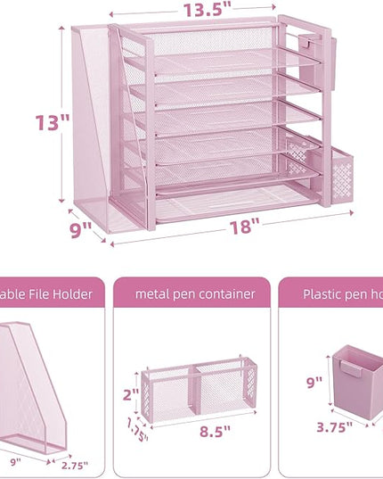Simple Trending 6 Tier Desk File Organizer, Paper Letter Tray Organizer with File Holder and Pen Container, Pink