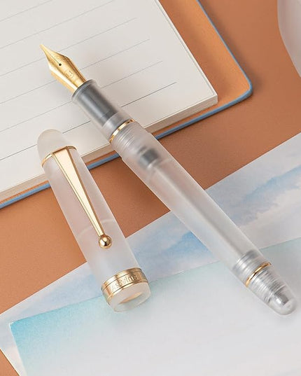Asvine V126 Vacuum Filling Fountain Pen, Frosted Clear Acrylic Stub Nib 1.1mm Calligraphy Art Drawing Clear Demonstrator Acrylic with Case Set