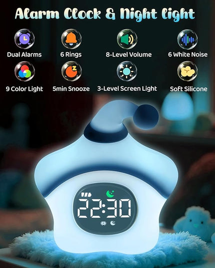 Star Alarm Clock with Night Light for Kids with Sleep Training and Sound Machine, Rechargeable Silicone Lamp OK to Wake Clock, Cute Animal Tabletop Lamp, Perfect Sleep Companion for Boys Girls, Blue