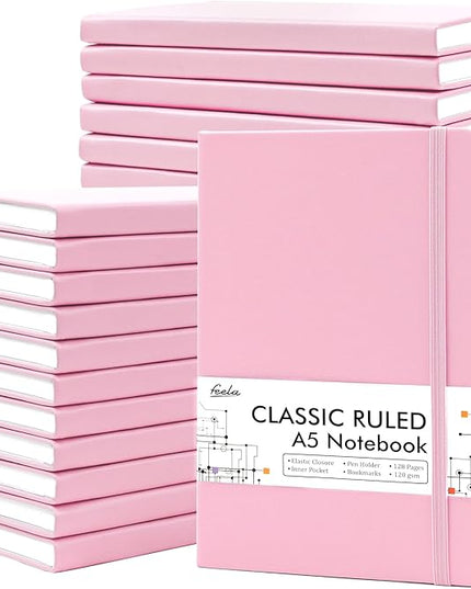feela 24 Pack Journal Notebook Bulk for Work, Business Notebook Hardcover Lined Writing Journal with Pen Holder for Men Women Note Taking, with 24 Black Pens, 120 GSM, 5.1”x8.3”, A5, Rose Pink