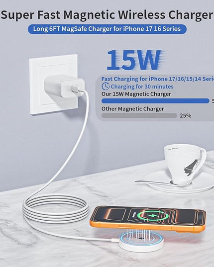 Magnetic Wireless Charger for iPhone, [Apple MFi Certified] 6FT Apple Mag-Safe Charger Cable Wireless Charging Pad with USB C Fast Charging Block Compatible with iPhone 17/Air/16/15/14/13/Pro Max/Plus