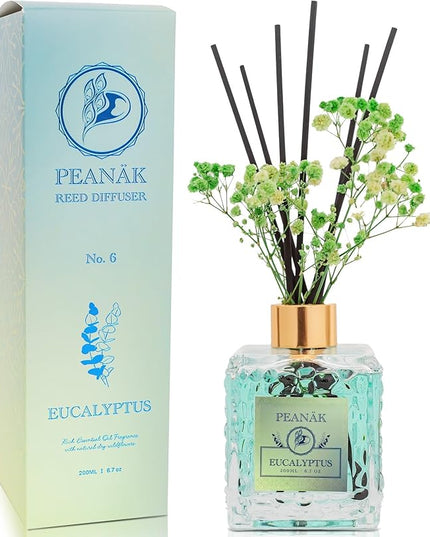 Reed Diffuser Set - Eucalyptus Mint Oil, Oil Diffuser Sticks, Bathroom Diffuser, Bathroom Decor, 200ml with Preserved Flowers - PEANÄK