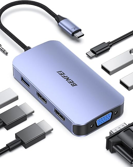 BENFEI USB C Docking Station, 8-in-1 USB C Hub with Triple Display Dual HDMI, VGA, 3*USB 3.0, 100W Power Delivery, 3.5mm AUX Audio Compatible with MacBook Pro, XPS and More