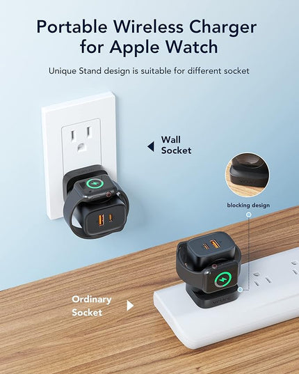 VRURC Charger for iPhone & Apple Watch, 20W USB C Fast Charging Block, 3-in-1 Compact Travel Adapter with 2 Port for iPhone 17/16/15/14/13, Wireless Magnetic for iWatch SE/11/10/9/8/7/6/5/4-Black