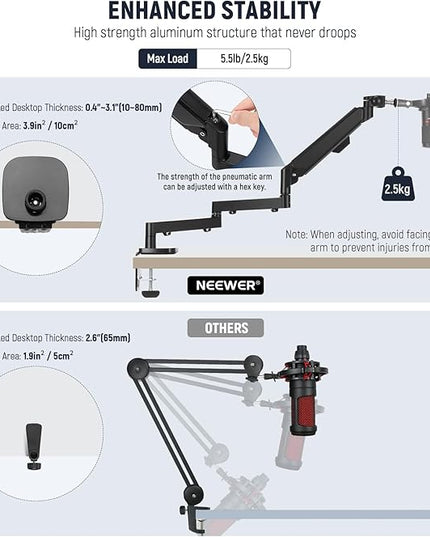 NEEWER MS002 Low Profile Desk Mic Boom Arm Stand with 360° Swivel Adjustable Pneumatic Damping Cable Management Cleaning Cloth, Desktop Mount Holder Compatible with Shure MV7 SM7B Blue Yeti Microphone