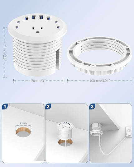 Jgstkcity 65W USB-C Hidden Desktop Power Grommet: 1 AC Outlet,8 USB Charging Ports,3'' Hole Flush Mount Pop-Up Power for Conference Tables & Nightstands (Whtie, 6 FT - 2PCS)