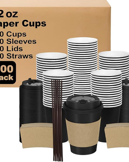 Coolcap 12 oz 500 Pack Coffee Cups with Lids and Sleeves, Straws, Hot Disposable To Go Travel Paper Cups Bulk for Office, Home Coffee Bar Accessories, Chocolate, Cocoa, Beverage (Black)