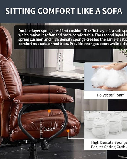 Office Chair Big and Tall, High Back Ergonomic Office Chair with Padded Armrest, 400 lbs,PU Leather (Brown)