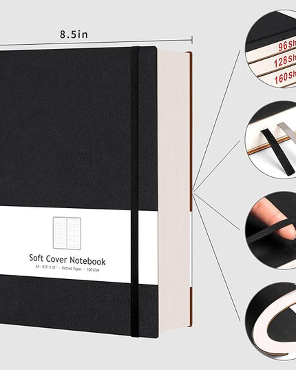 AHGXG Bullet Dotted Journal - Large A4 Notebook Dotted, 8.5''×11'', 320 Pages Dot Grid Notebook, 100gsm Thick Paper, Leather Softcover, with Journal Stencils, Inner Pocket - Black