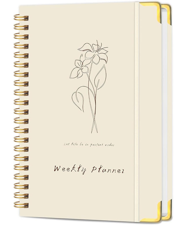 Undated Weekly Planner with Metal Corner Hardcover Notebook , A5 Size Journal with To Do List Planner, Habit Tracker,Weekly Goals for ADHD,Student, Office, Women, Men ,Gifts,6 x 8 inches，Spiral Bindding ,Beige
