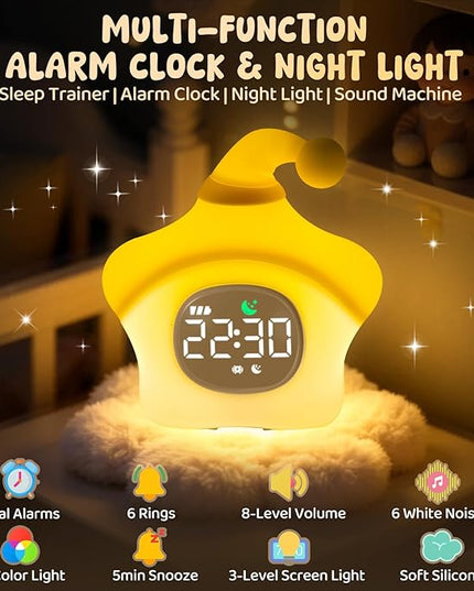 Star Alarm Clock with Night Light for Kids with Sleep Training and Sound Machine, Rechargeable Silicone Lamp OK to Wake Clock，Cute Animal Tabletop Lamp, Perfect Sleep Companion for Boys Girls, Yellow