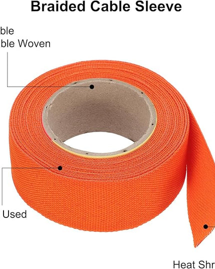 MECCANIXITY Braided Cable Sleeves Heat Shrinkable Fabric Sleeving, 1" 16ft Orange 2:1 Ratio Heat Shrinkable Cord Protector for Harness Cable, Network Cable Protection, Cable Management